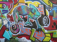 847111 Detail van een graffitikunstwerk met een kameleon op een muur bij de tijdelijke jongerenplek 'Teen Spot' onder ...